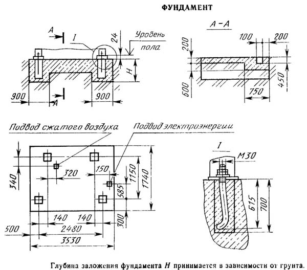 Креслення фундамента листогибочного кривошипного пресса ИВ1330